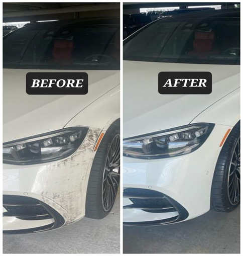 Before and after comparison of car detailing by Broward Detailers, showcasing the transformation of a white vehicle's front end from dirty to clean.