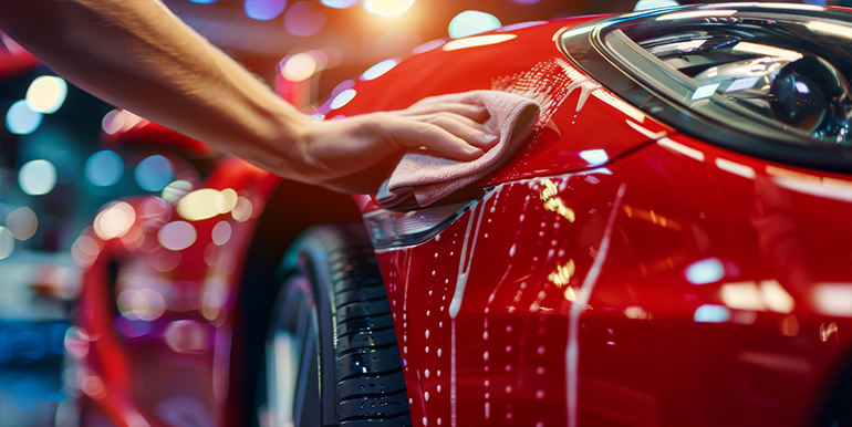 Professional hand wash car service in South Florida, showcasing a technician gently cleaning a red vehicle to ensure a spotless finish.