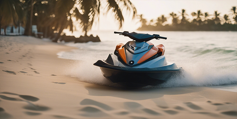 High-quality Jet Ski Detailing service by Broward Detailers, showcasing a vibrant watercraft speeding through sandy beach waters, ensuring protection against salt and UV damage.