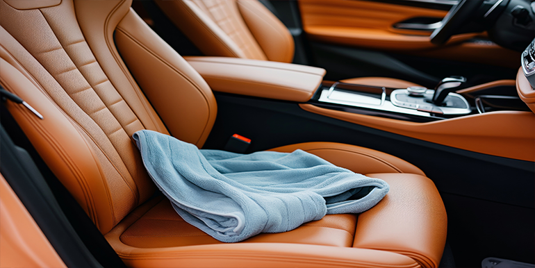 Premium Leather Conditioning Service in South Florida - A well-maintained automotive interior featuring soft tan leather seats and a plush microfiber towel, highlighting the importance of professional care and detailing for vehicle leather.