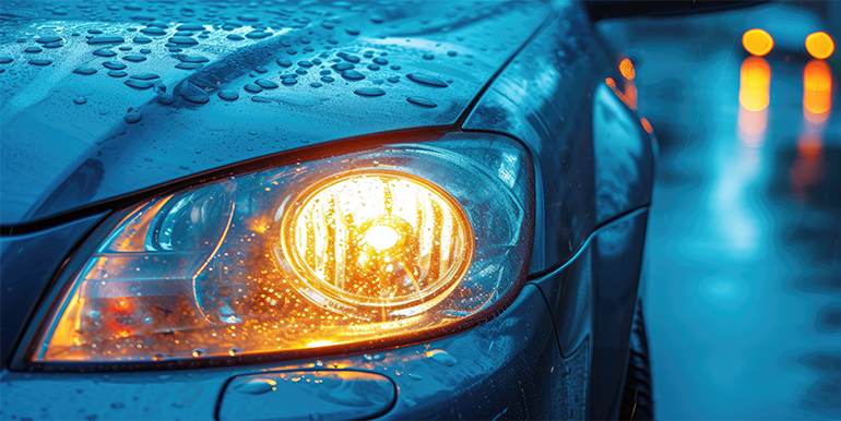 Close-up view of a car's headlight during rain, highlighting the oxidation removal process for enhanced clarity and shine done by Broward Detailers.