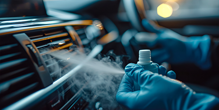 Professional ozone treatment application in a car's interior, using advanced techniques to eliminate odors, bacteria, and mold for a fresh driving environment.