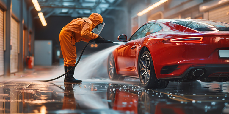 Professional pressure washing service by Broward Detailers in South Florida, showcasing a technician cleaning a red sports car to enhance its appearance and remove dirt and grime.