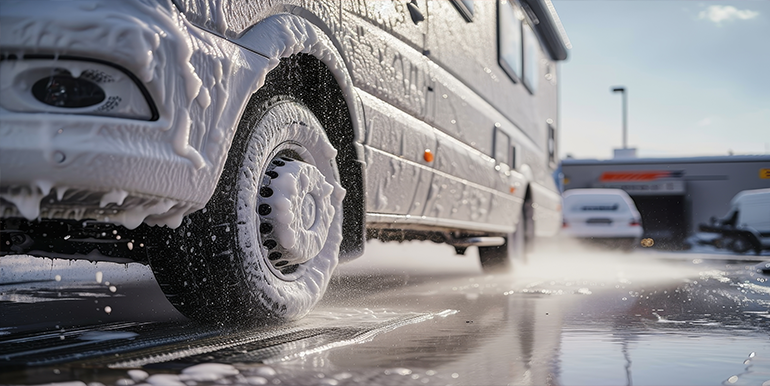 Broward Detailers RV detailing service in South Florida, showcasing a recreational vehicle being thoroughly cleaned with foam to ensure optimal appearance and protection.