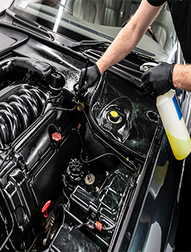 Professional engine cleaning service in South Florida, showing a technician applying a cleaning solution to remove dirt and grime from engine components.