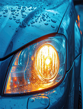 Close-up of a car headlight with water droplets, highlighting the effects of oxidation removal services for enhanced visibility and appearance in Broward Detailers.