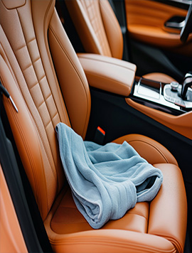 Professional Leather Conditioning Service in South Florida, featuring a luxurious car interior with plush leather seats and a soft towel, showcasing meticulous care and attention to detail.