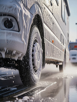 Broward Detailers RV detailing service in South Florida, featuring a recreational vehicle being cleaned with foam for thorough maintenance and protection.