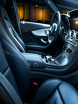 Expert Leather Cleaning Service for Automotive Interiors, featuring a luxurious car cabin with pristine leather seats and detailed dashboard, emphasizing professional care and maintenance.