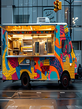 Vibrant and colorful food truck detailing service by Broward Detailers, showcasing a well-equipped food truck ready for professional cleaning and maintenance in an urban environment.