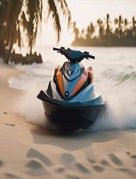 High-performance jet ski speeding along a tropical beach, showcasing the effectiveness of Broward Detailers' professional jet ski detailing services for optimal watercraft maintenance and protection.