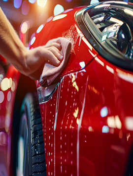 Professional hand washing service for a shiny red sports car, showcasing attention to detail and care in vehicle maintenance by Broward Detailers in South Florida.