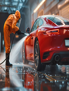 Professional pressure washer service in South Florida, showcasing a technician cleaning a red sports car with high-pressure water to remove dirt and grime.