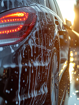 High-quality filtered water carwash service showcasing a black car being washed, with soap suds and water splashing, ensuring a spotless finish.